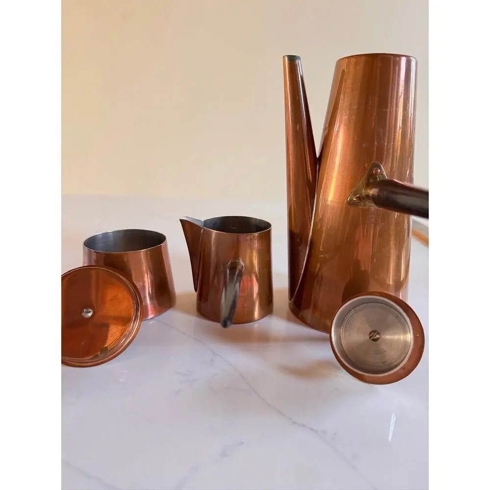 Vintage Copral Portugal Copper Coffee Pot Set Creamer Sugar Spike Wood Handle